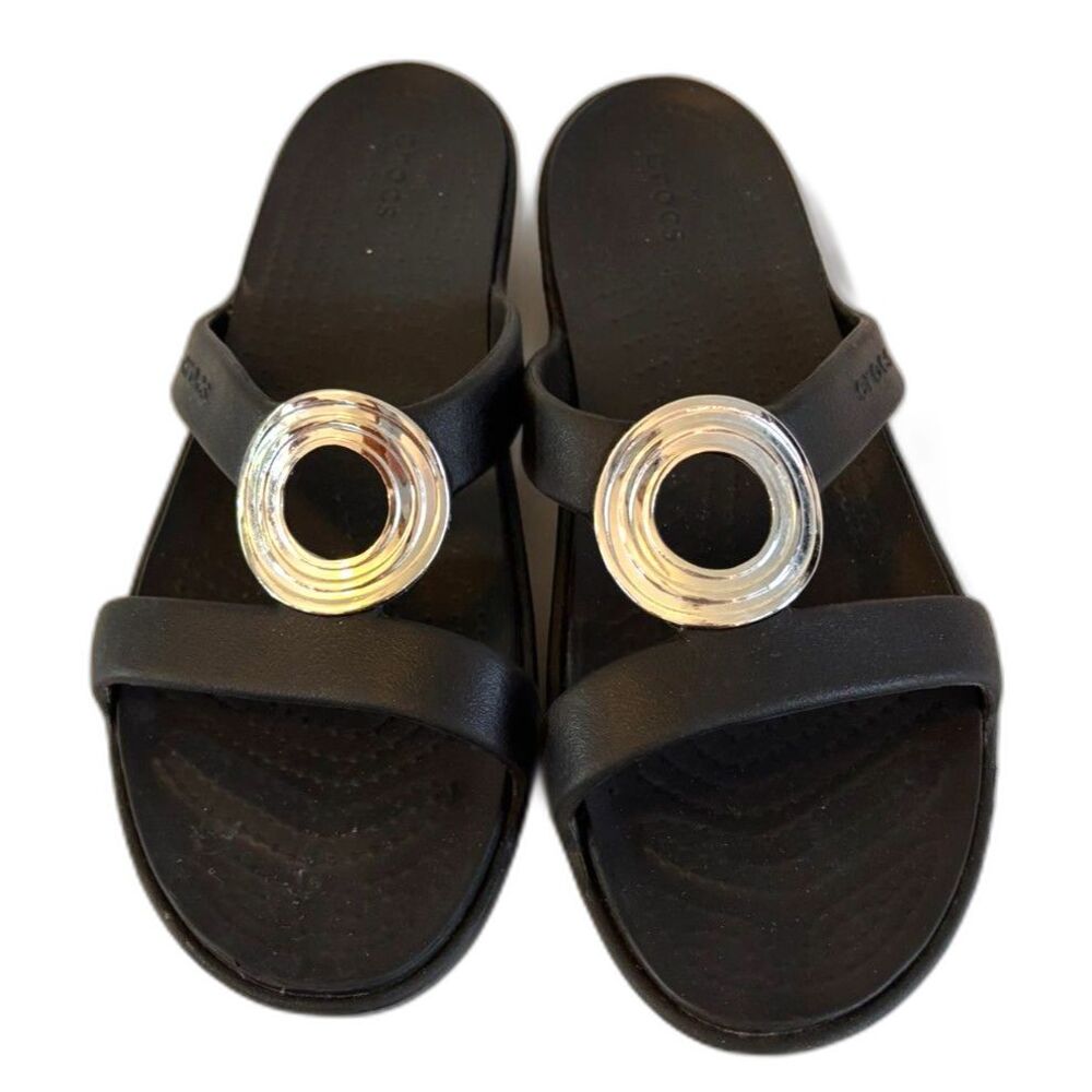 Crocs Sanrah Beveled Circle Sandals Black Silver Slide Size 10 - Picture 1 of 5